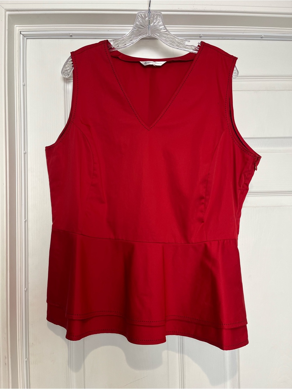 Brooks Brothers | Red Structured Peplum Sleeveless V-Neck Blouse, Size 16